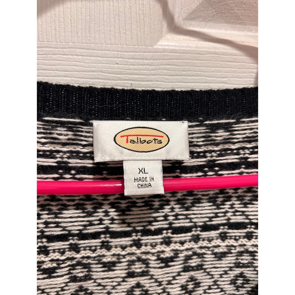 Talbots XL Black White Fair Isle Lambswool Angora Cashmere Cardigan Sweater - Picture 4 of 7